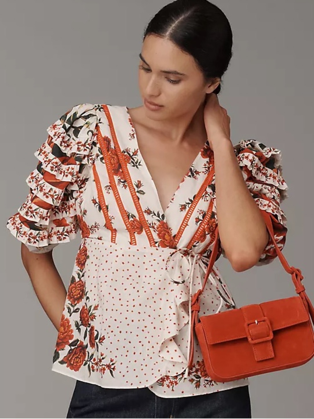 Farm Rio Wrap Blouse Red White Floral Ruffle Puff Sleeve Cotton Anthropologie